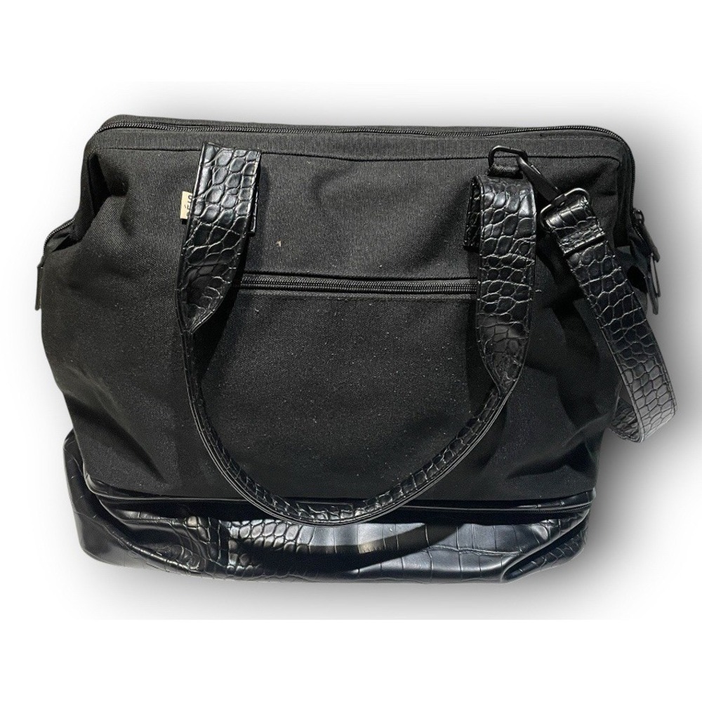 BEIS Black Canvas Mini Weekender Duffle Bag Faux Croc Trim Travel Overnight 16"